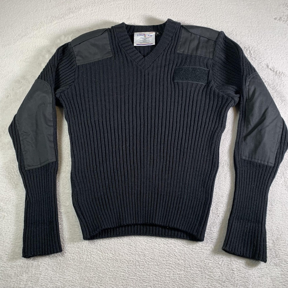 Flying Cross Sweater Mens Medium Black V Neck Commando‎ Ribbed Military Uniform